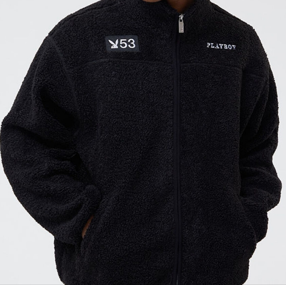 Playboy Double Header Embroidered Sherpa Jacket in Black Size Medium